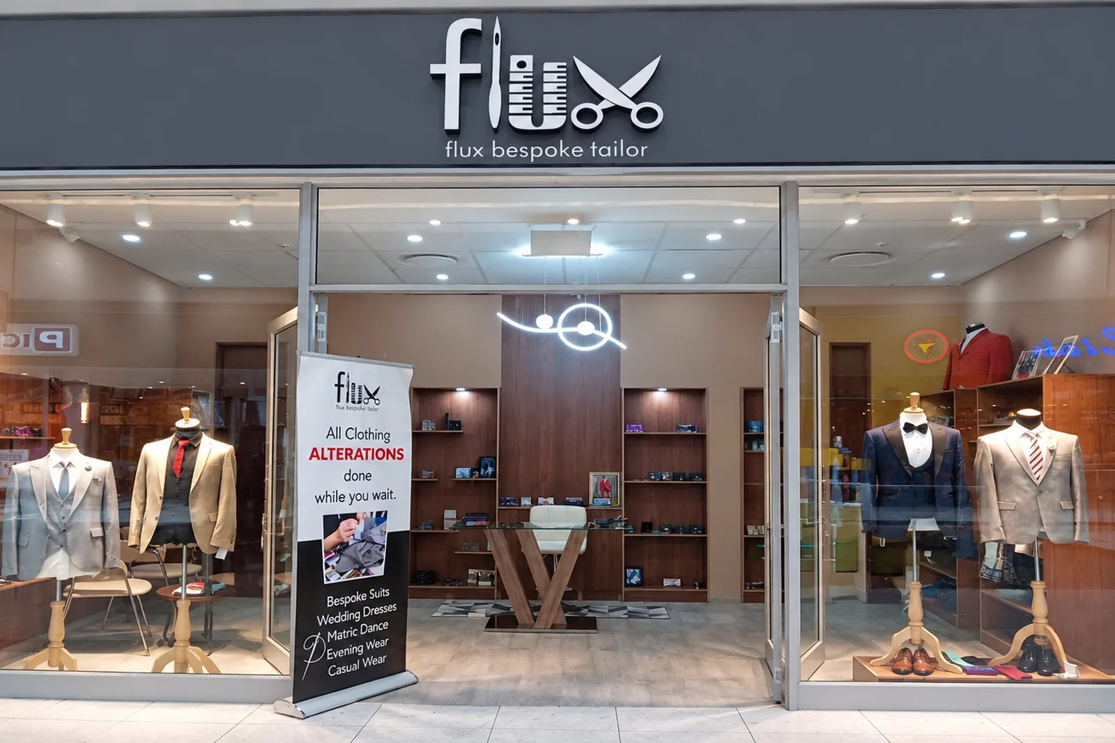 The Flux Bespoke Tailor shopfront at Mall of the South, Aspen Lakes Ext 12
