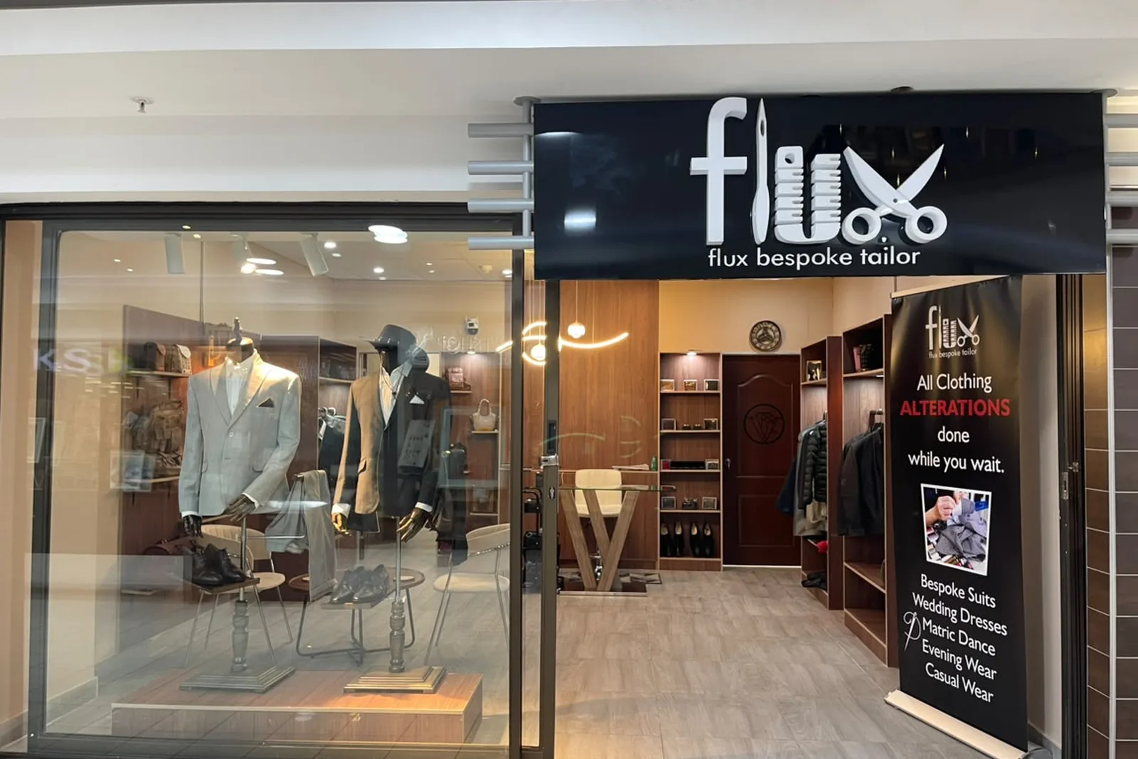 The Flux Bespoke Tailor shopfront at Riverside Mall, Rondebosch